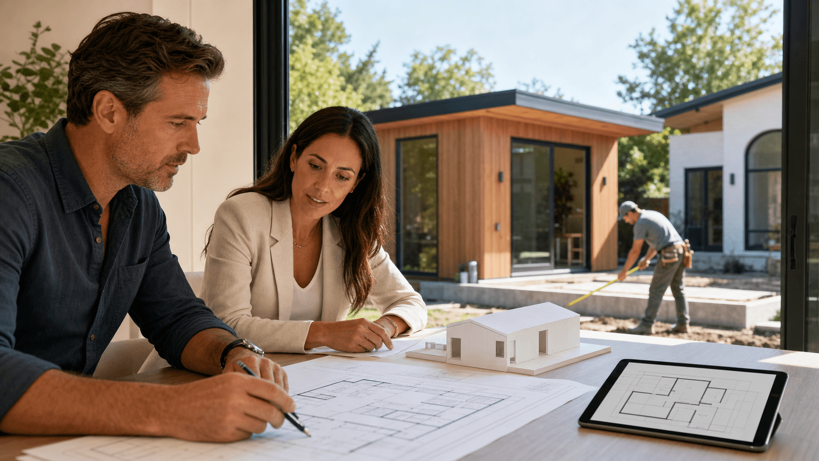 Modern house outline beside a checklist on a clipboard, blue and white design with clean, flat icons