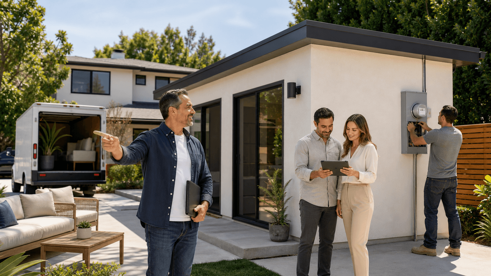 Sunlit suburban backyard with a small modern accessory dwelling, construction permits on a clipboard, and utility meters in view.