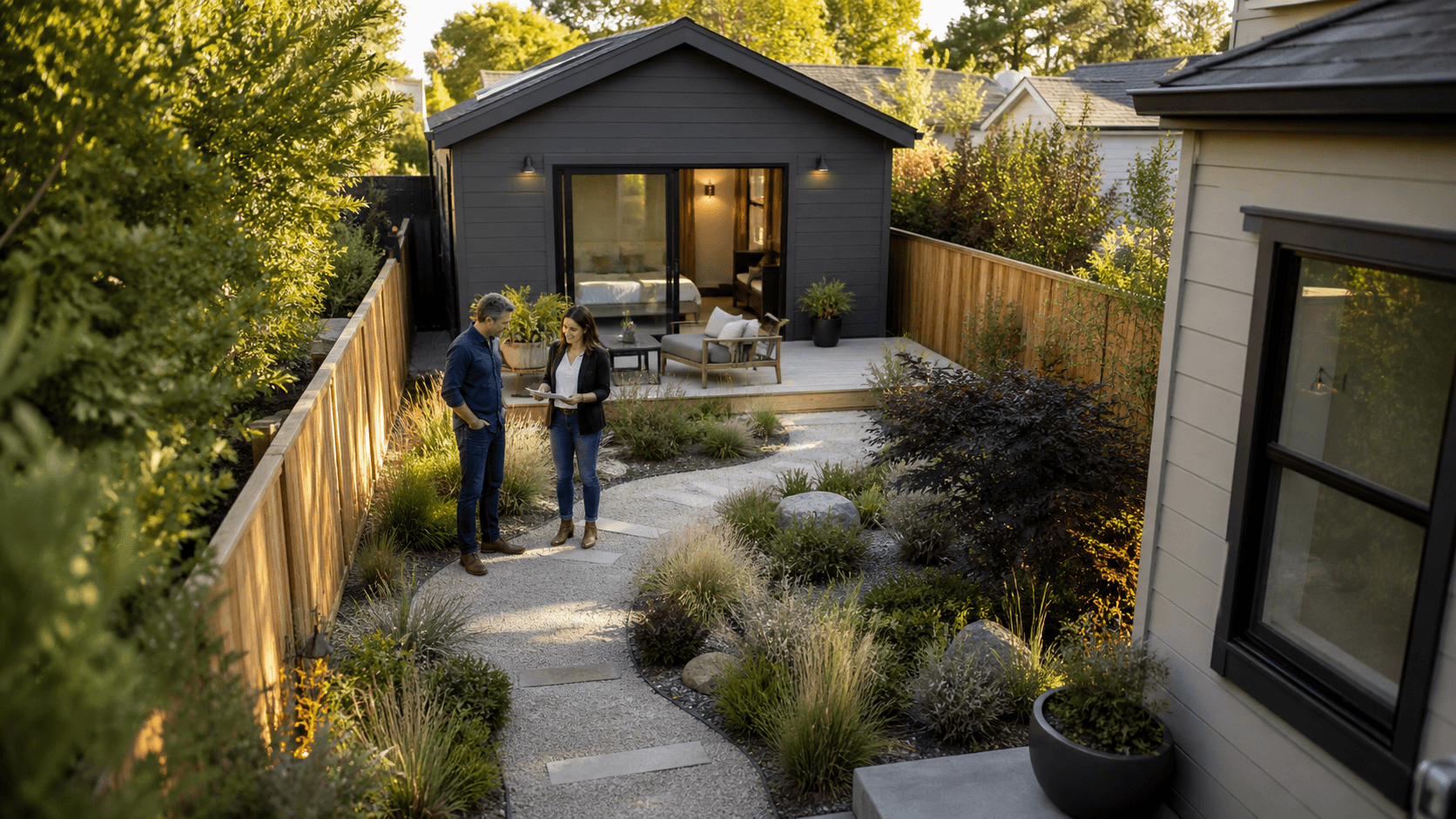 Modern backyard cottage beside a long green lawn, framed by trees in warm late-afternoon light.