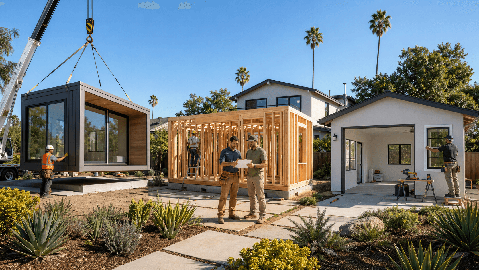 Modern backyard cottage beside a main house, with a garage and construction timeline icons on a clean white background
