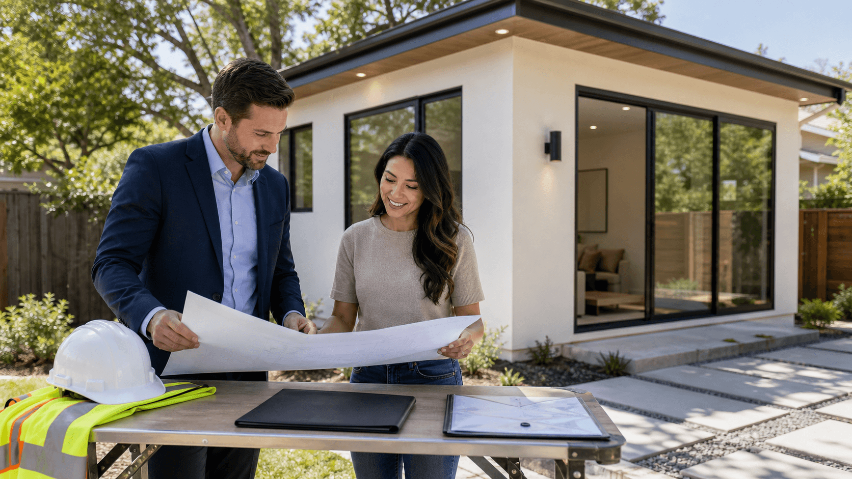 California ADU contractor reviews certification, license, and insurance documents beside a backyard cottage.