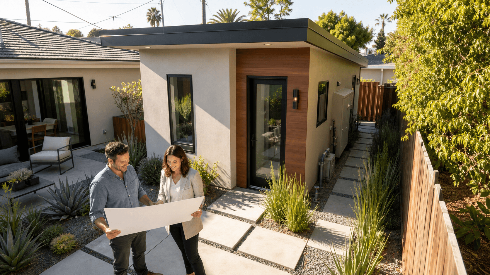 Modern backyard cottage with patio, sliding glass doors, and warm sunset light behind a Los Angeles home.