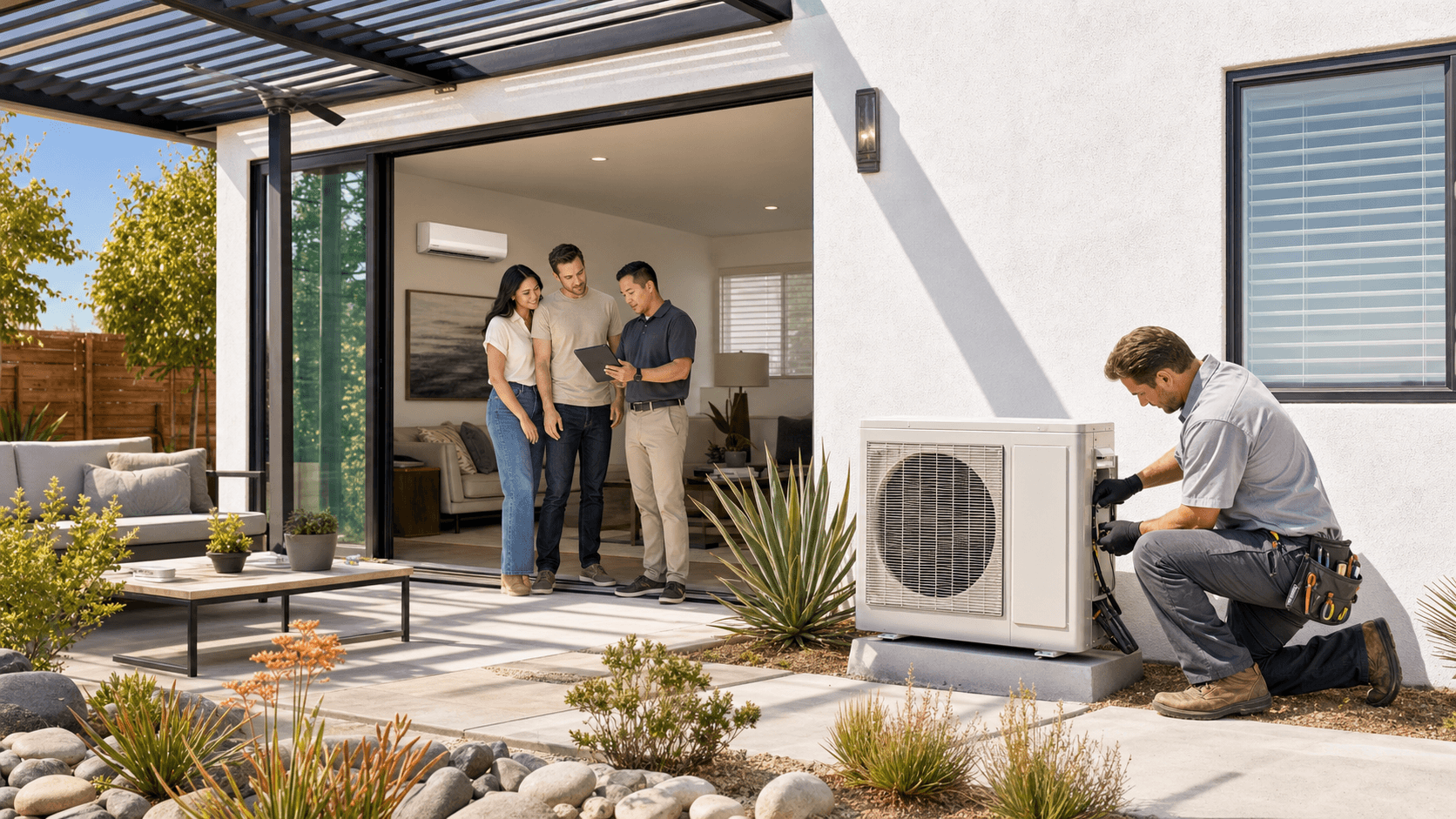Modern backyard ADU with white walls, shaded patio, and a wall-mounted AC unit under bright California sun