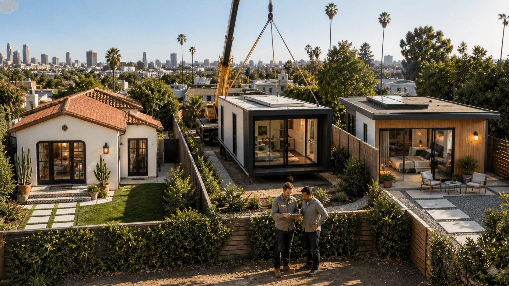 Modern Los Angeles backyard with three distinct ADU styles, warm sunlight, charts, and city skyline.