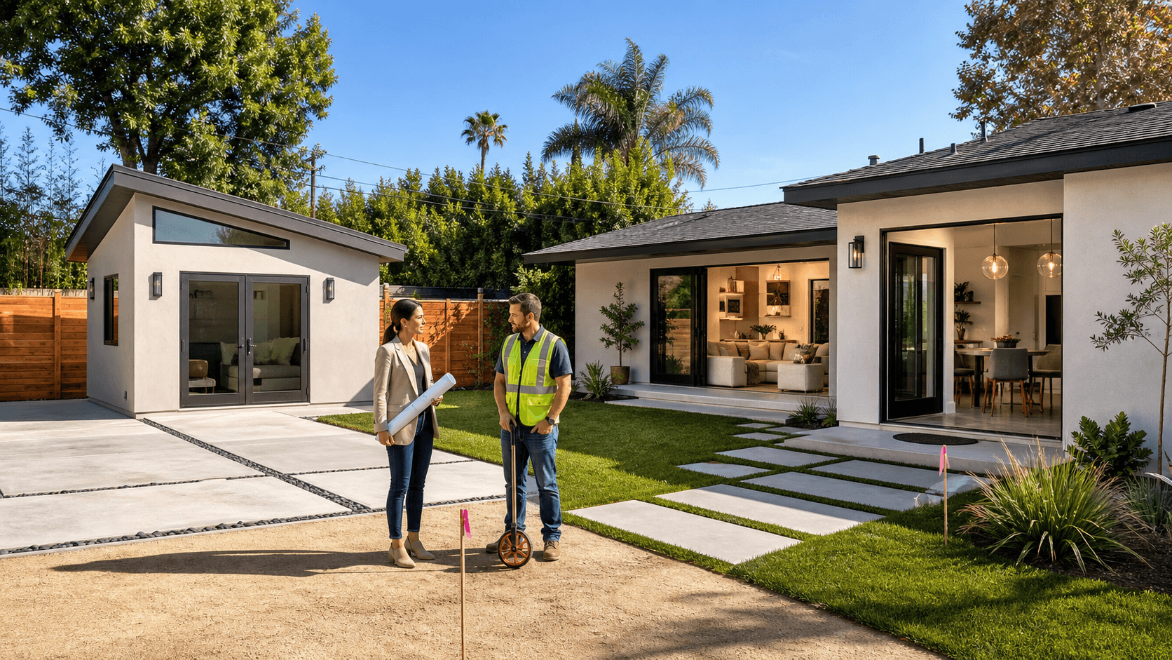 Split-screen illustration of a Los Angeles house showing an attached ADU and a detached backyard unit in warm sunlight