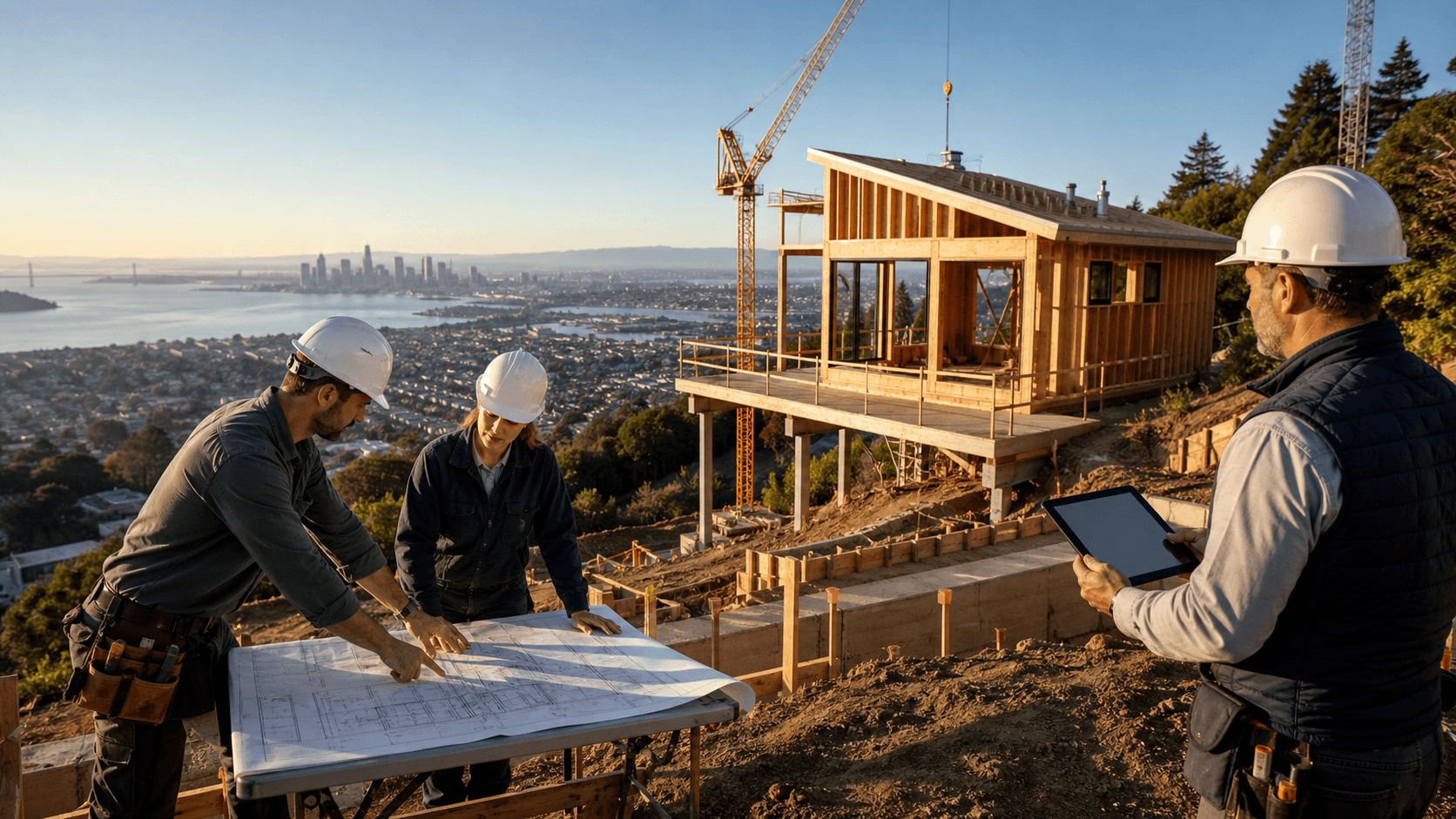 Modern ADU on a steep hillside with large glass windows, overlooking the Bay Area skyline at sunset.