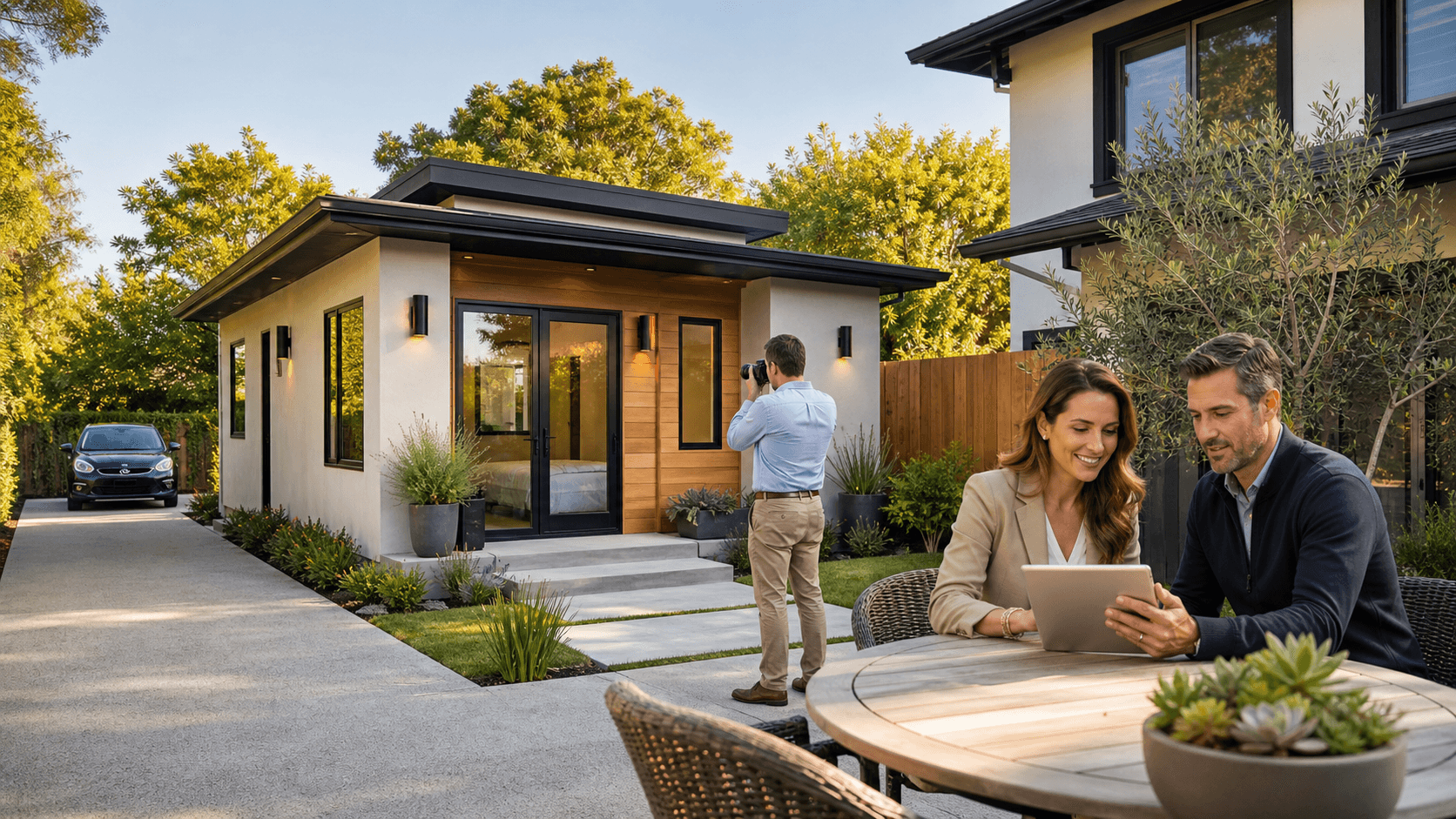 Modern California guest house beside a sunlit patio, framed by palm trees and distant hills.