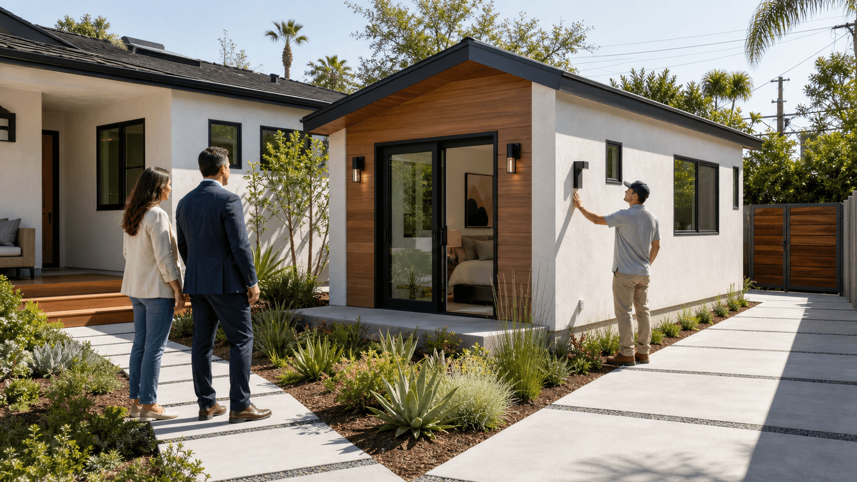 Modern backyard ADU beside a Los Angeles home, with warm sunlight, palm trees, and a paved walkway.