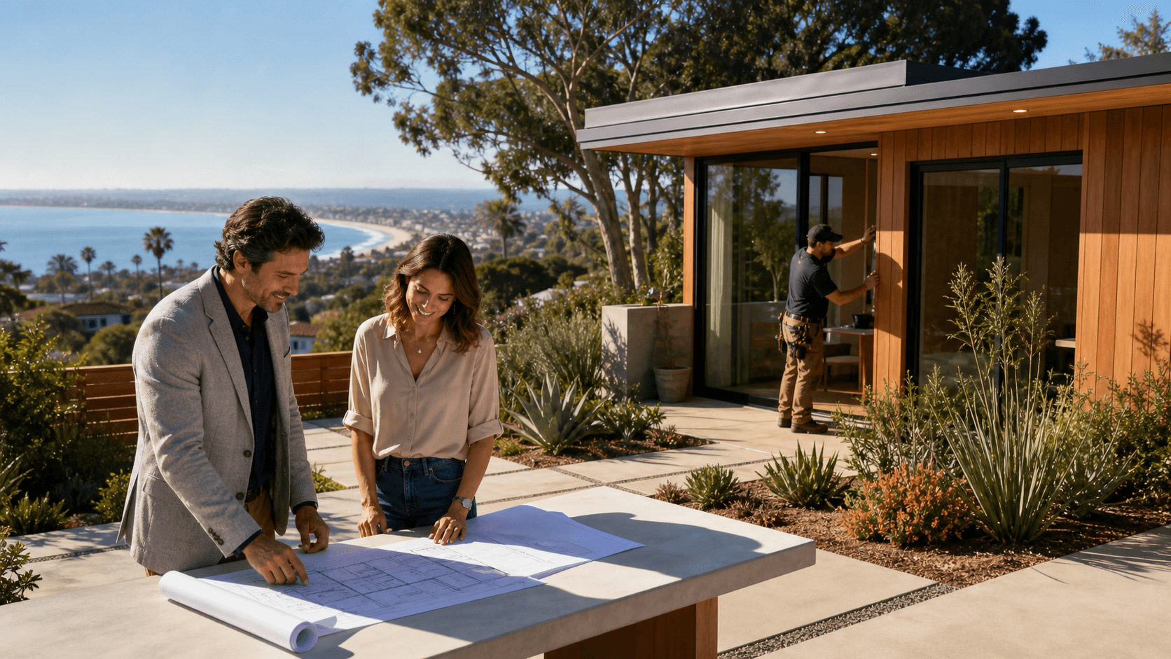 Modern backyard ADU with warm wood siding, large glass doors, and hillside views in golden evening light.