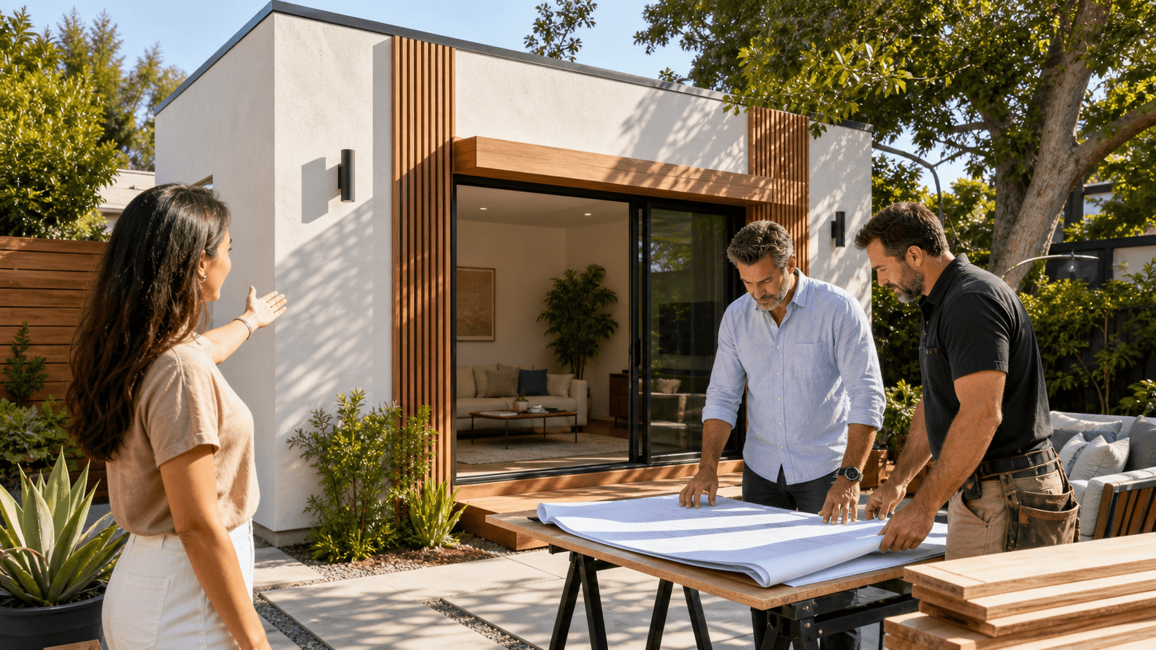 Sunlit Los Angeles backyard with a modern ADU, wood siding, large glass doors, and patio seating amid greenery.
