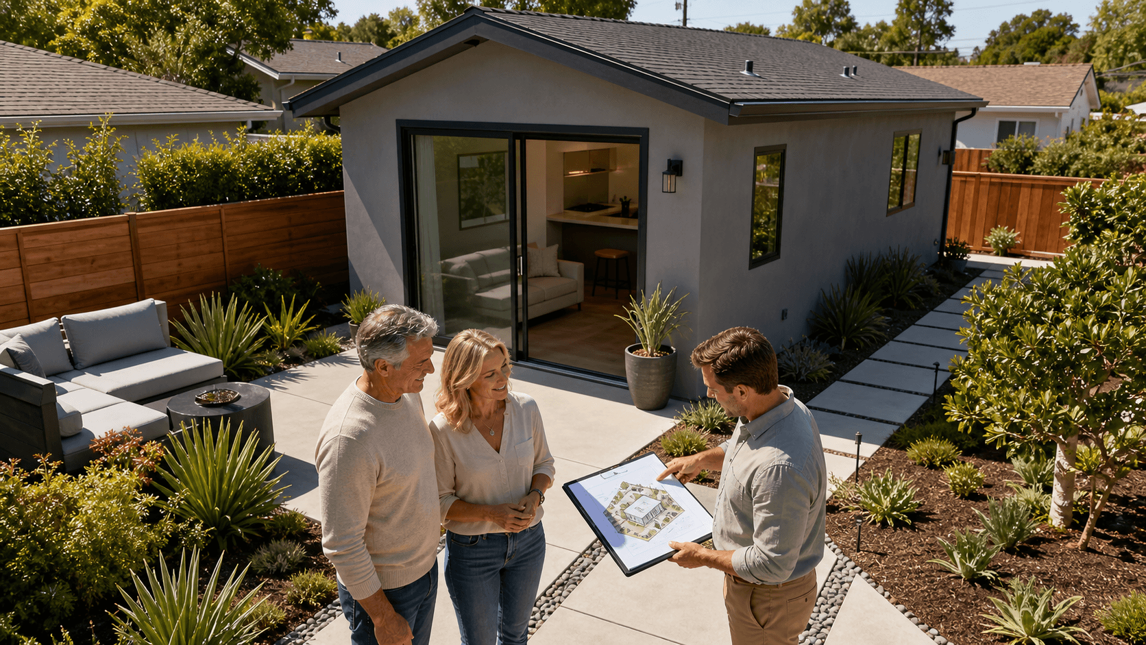 Modern white backyard ADU with large glass doors, wood accents, and landscaped patio in warm California sunlight.