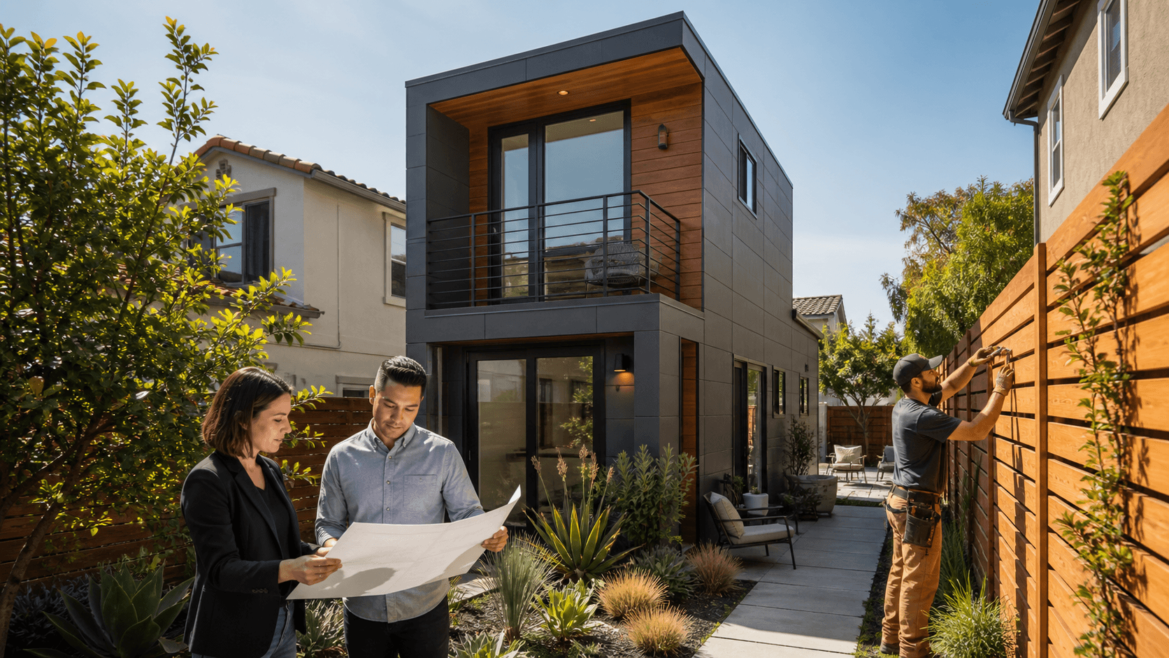Modern narrow backyard ADU with wood siding, large glass doors, and lush California landscaping in warm daylight.