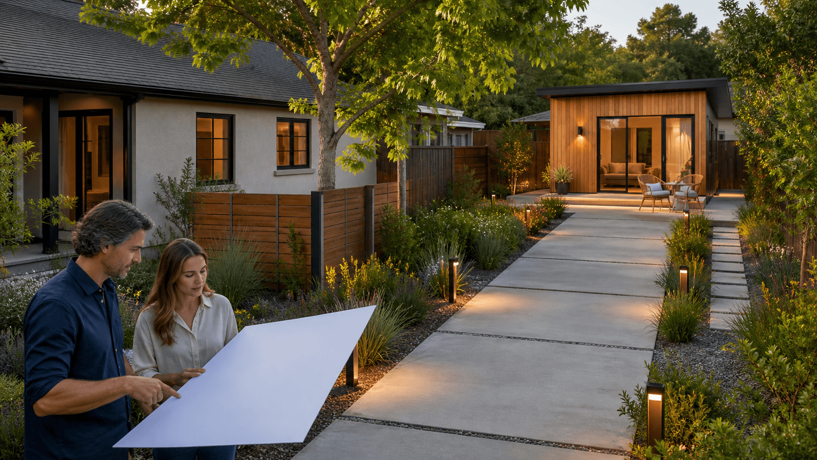 Modern backyard ADU beside a narrow driveway, with warm wood siding, large windows, and lush Sacramento landscaping.