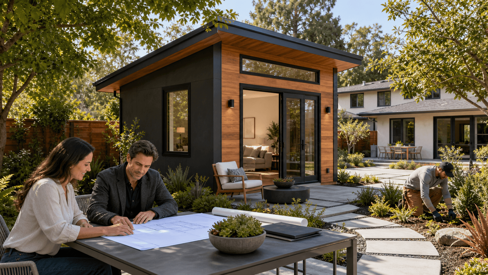 Modern backyard ADU with wood siding, large windows, and landscaped patio in warm Sacramento sunlight.
