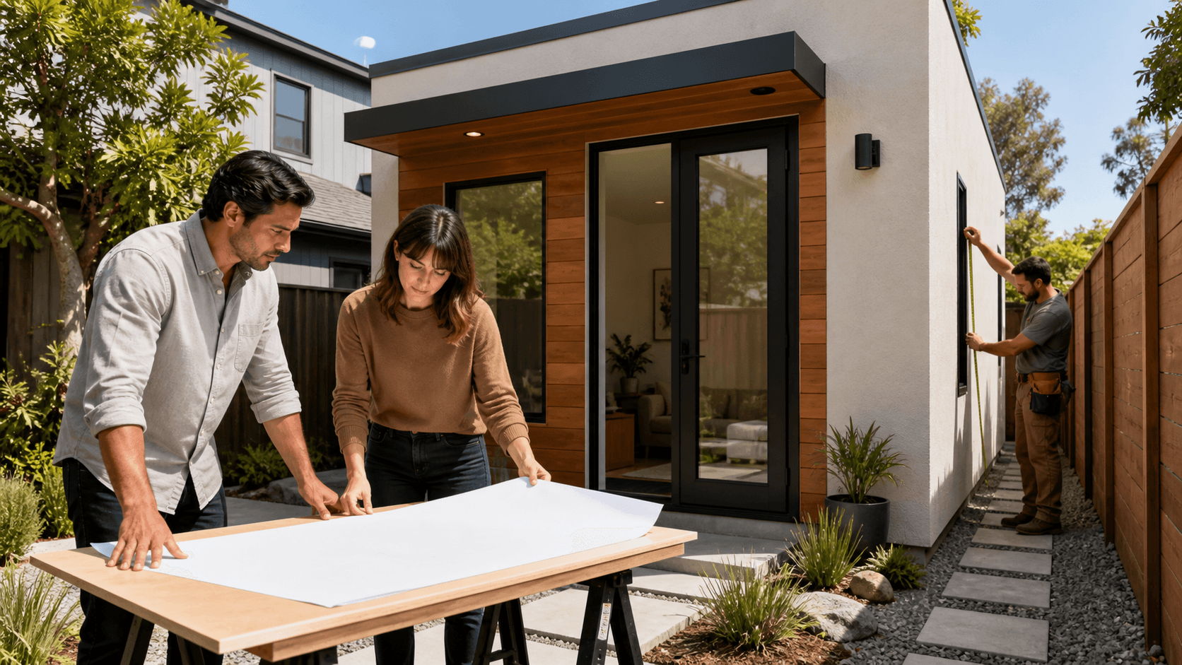 Modern backyard ADU beside a narrow home, clean white siding, large windows, sunny California landscaping.