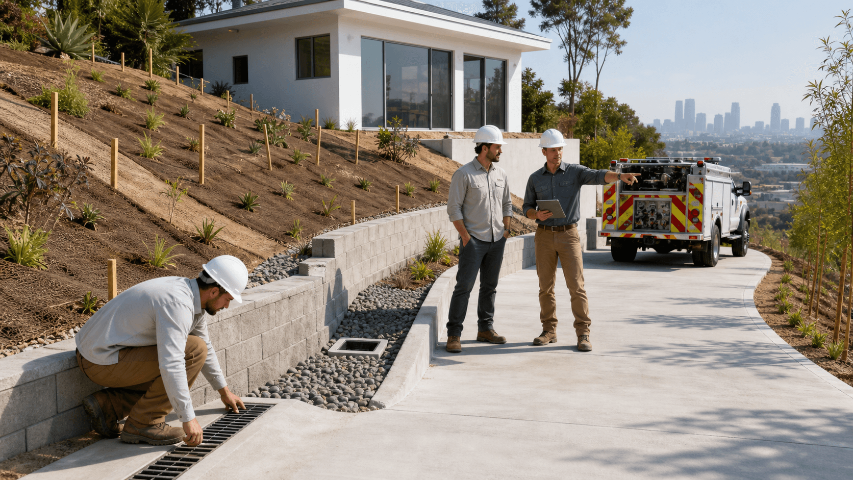 Modern white ADU on a sunlit hillside above Los Angeles, with terraced retaining walls, driveway, and greenery