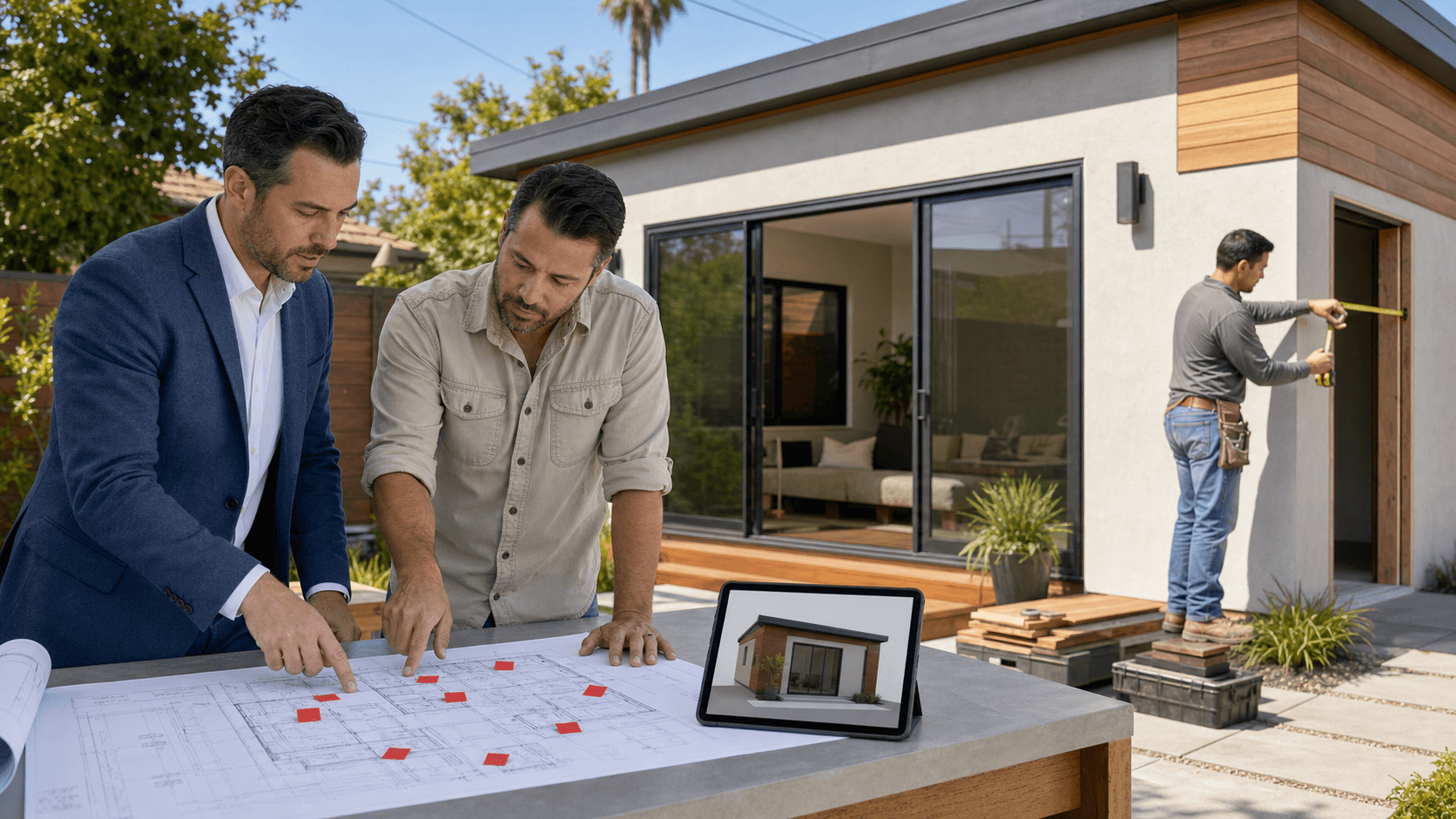 Modern backyard ADU beside a suburban home, with blueprints and red correction marks overlaid on the design.