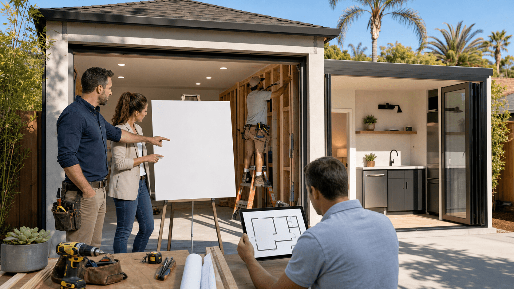 Sunlit suburban garage converted into a modern studio, with large window, kitchenette, and neutral-toned decor.