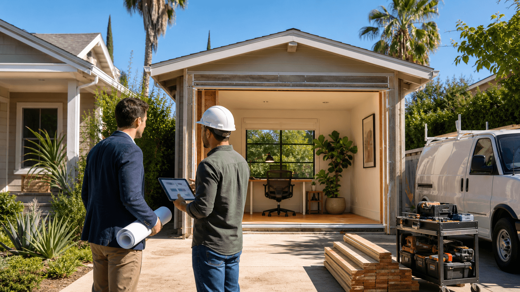 Sunlit Los Angeles garage converted into a modern home office, with desk, laptop, plants, and open door to driveway.