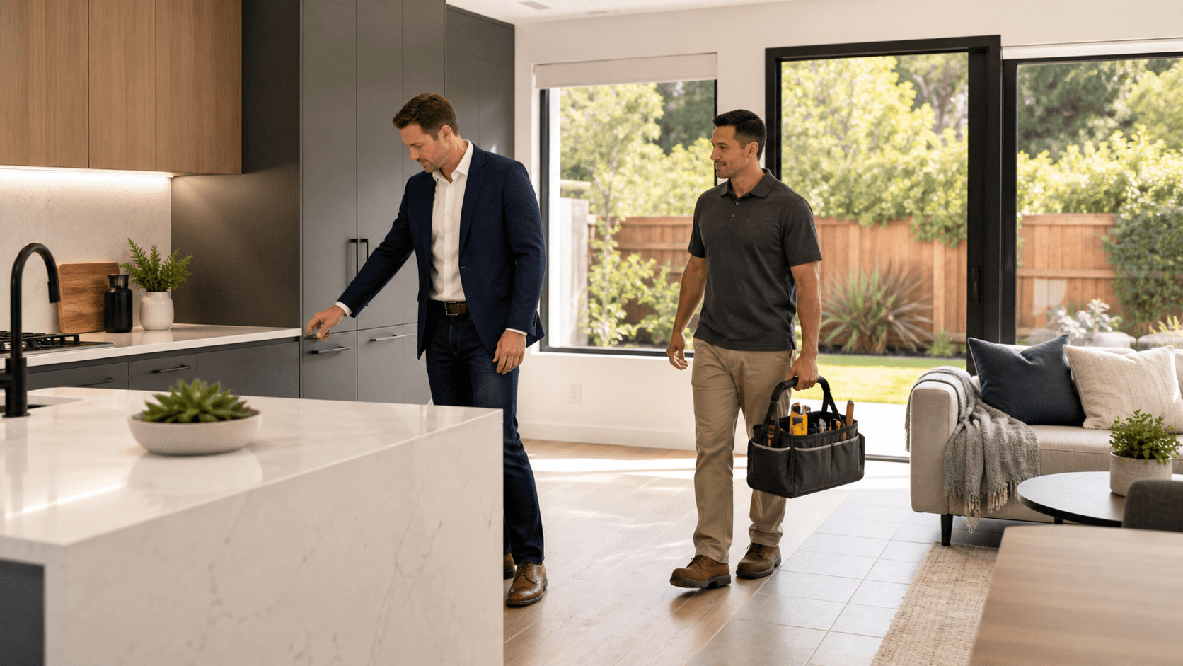 Sunlit modern ADU interior with pale wood floors, white cabinetry, quartz counters, and large windows.