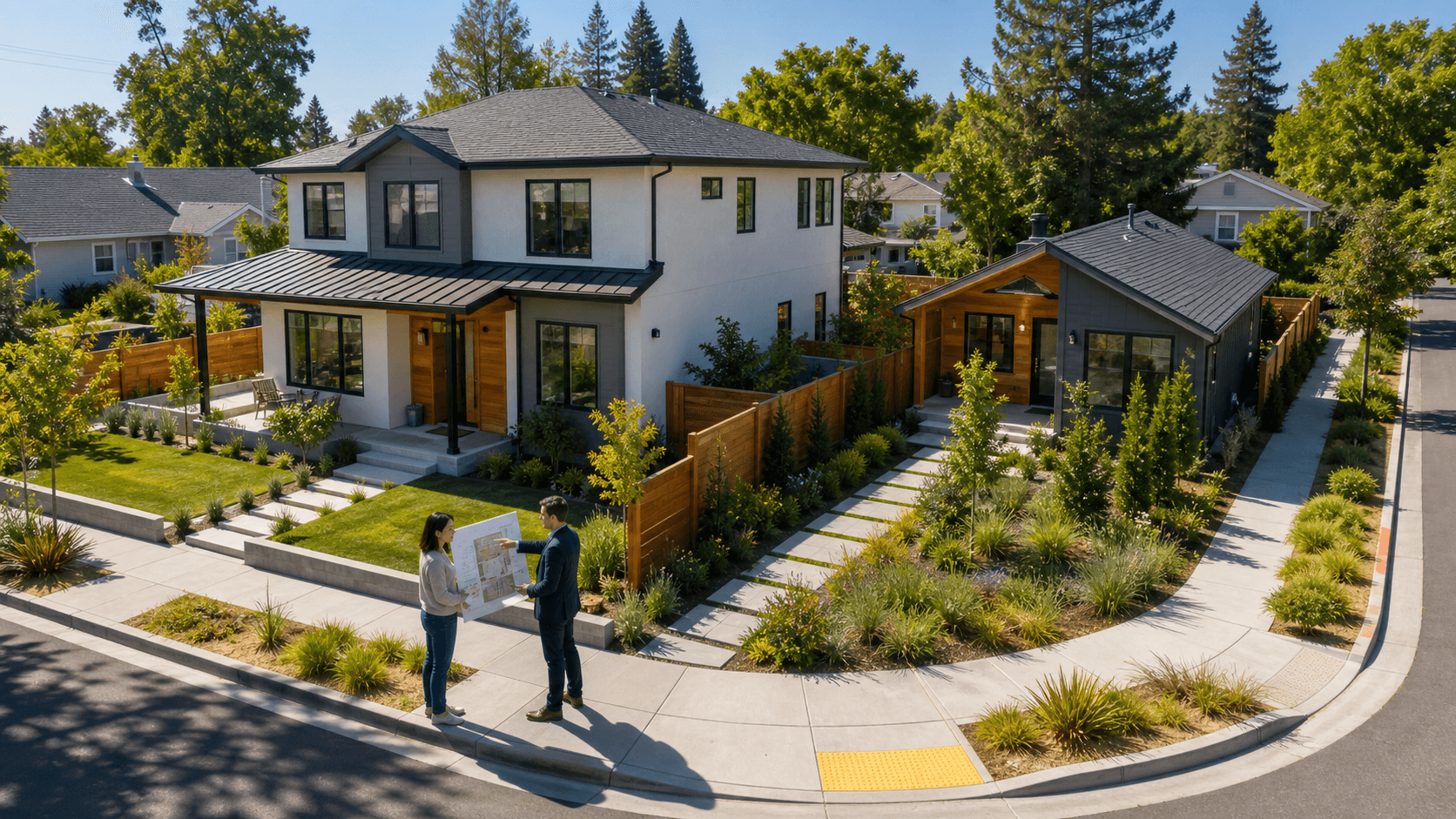 Modern backyard cottage beside a Sacramento corner lot, framed by trees and warm afternoon light.