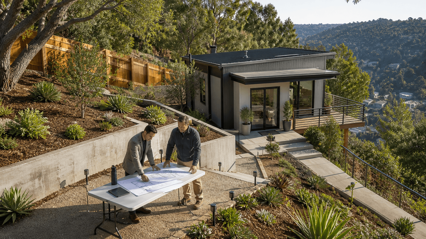 Modern backyard ADU beside a sloped lot, with builders reviewing blueprints in warm daylight.