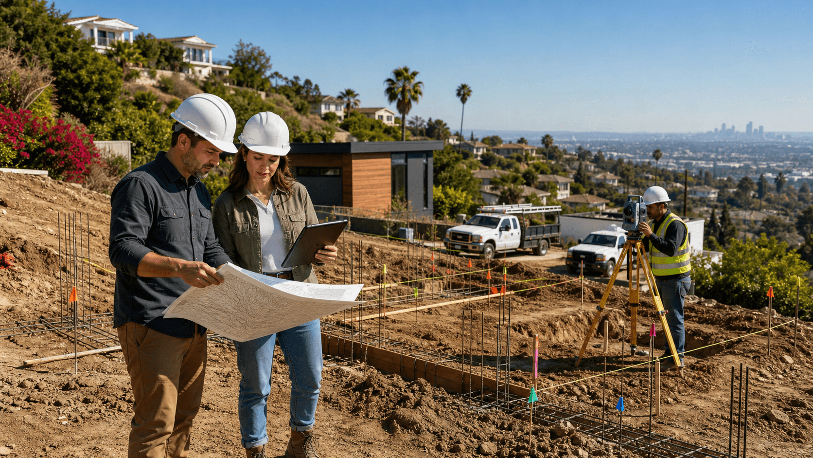 Modern hillside backyard with terraced retaining walls, checklist clipboard overlay, and sunny Los Angeles skyline in distance