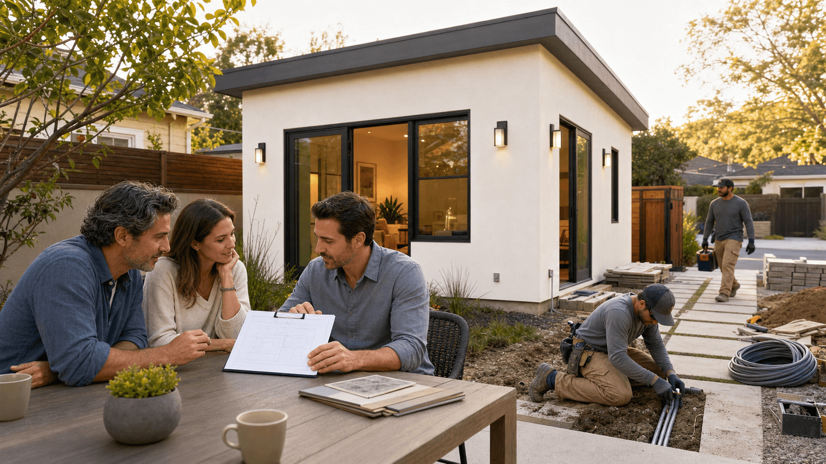 Modern backyard guest house beside a main home, with construction plans and permit papers on a sunlit patio table
