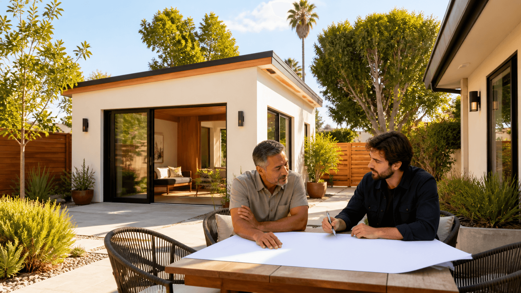 Modern backyard guest house beside a green lawn, framed by palm trees in warm California sunlight.