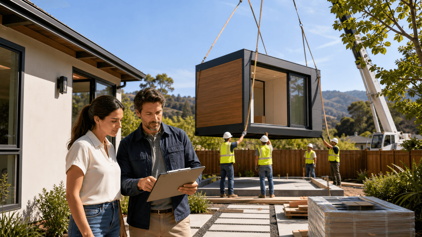 Modern prefab backyard cottage behind a Bay Area home, warm sunlight, clean lines, greenery, and a small patio.
