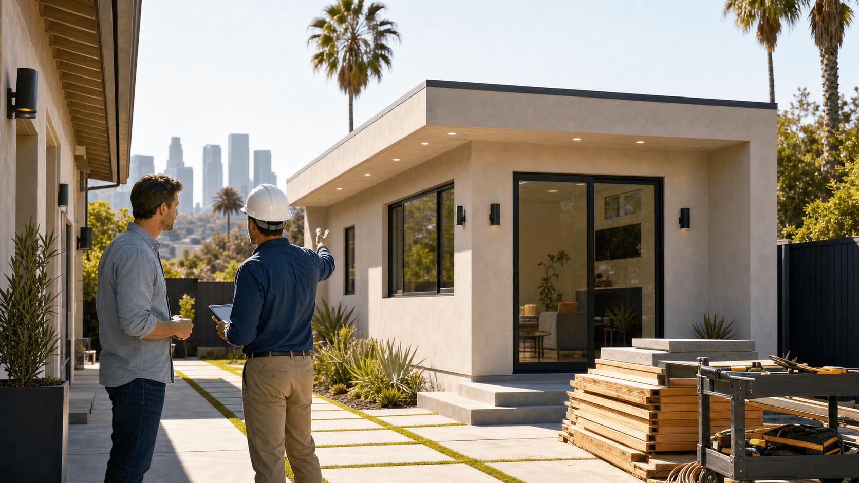 Modern white backyard cottage with large windows behind a sunny Los Angeles home, framed by palm trees